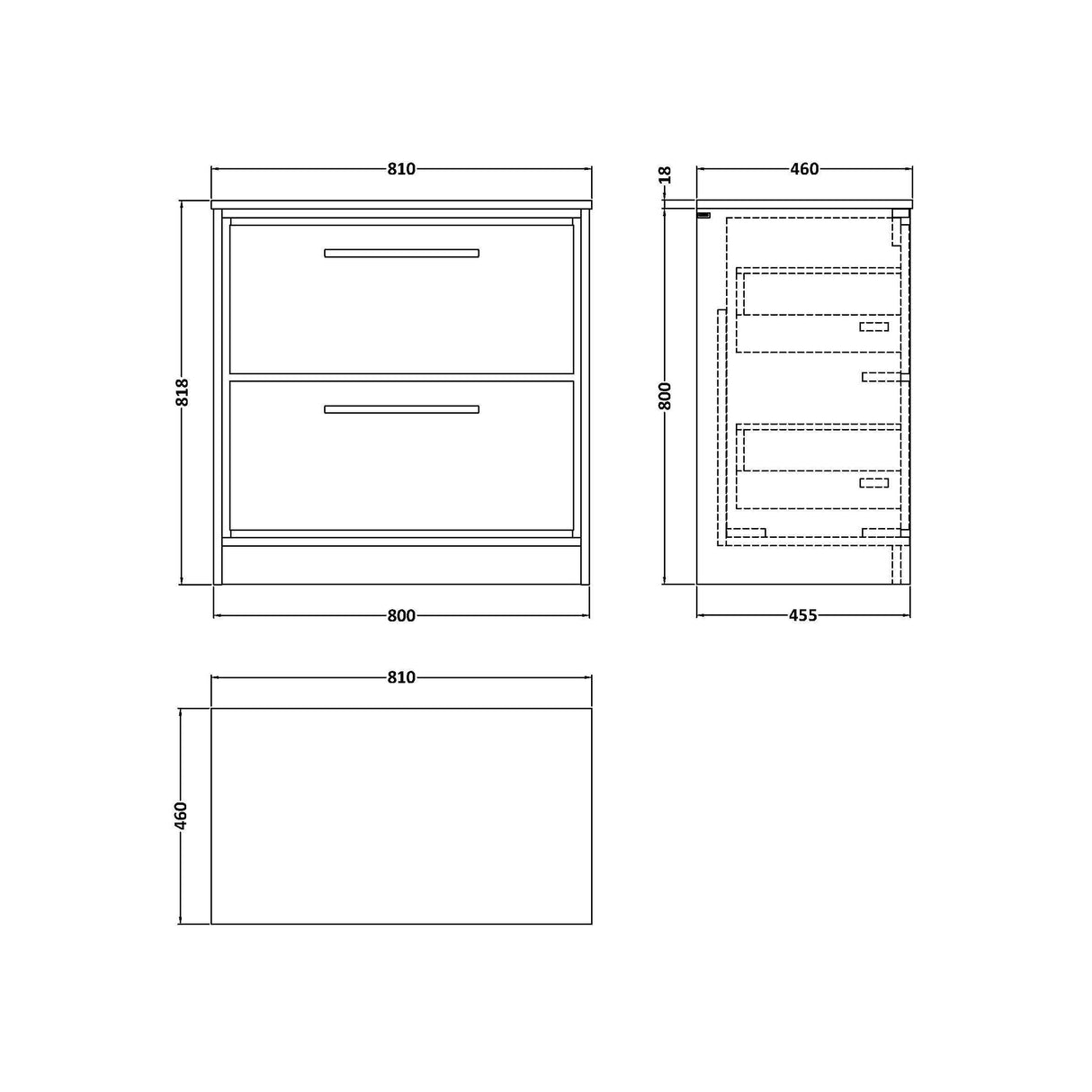 [BFIF3035WMT] Longnor 2 Drawer Floor Standing Vanity Unit with White Marble Worktop - Choice of Size and Colour - Technical Drawing