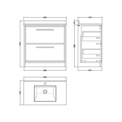 [BFIF3035WS1] Longnor 2 Drawer Floor Standing Vanity Unit with Square Basin and Marble Worktop - Choice of Size and Colour - Technical Drawing