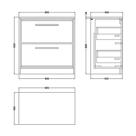 [BFIF3035W] Longnor 2 Drawer Floor Standing Vanity Unit with Worktop, Light Oak, 800mm - Technical Drawing