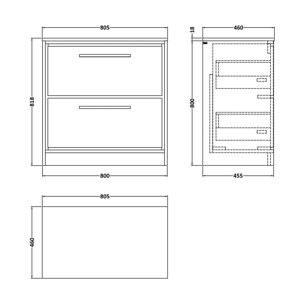 [BFIF3035W] Longnor 2 Drawer Floor Standing Vanity Unit with Worktop - Choice of Size and Colour - Technical Drawing