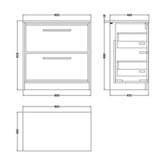 [BFIF3035W] Longnor 2 Drawer Floor Standing Vanity Unit with Worktop - Choice of Size and Colour - Technical Drawing