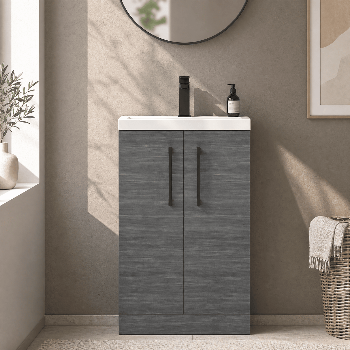 [BFLE004H018] Bramshall Contemporary Compact Floor Standing Vanity Basin Unit with Polymarble Basin, 500mm, Choice of Colour and Handle Finish - Silo