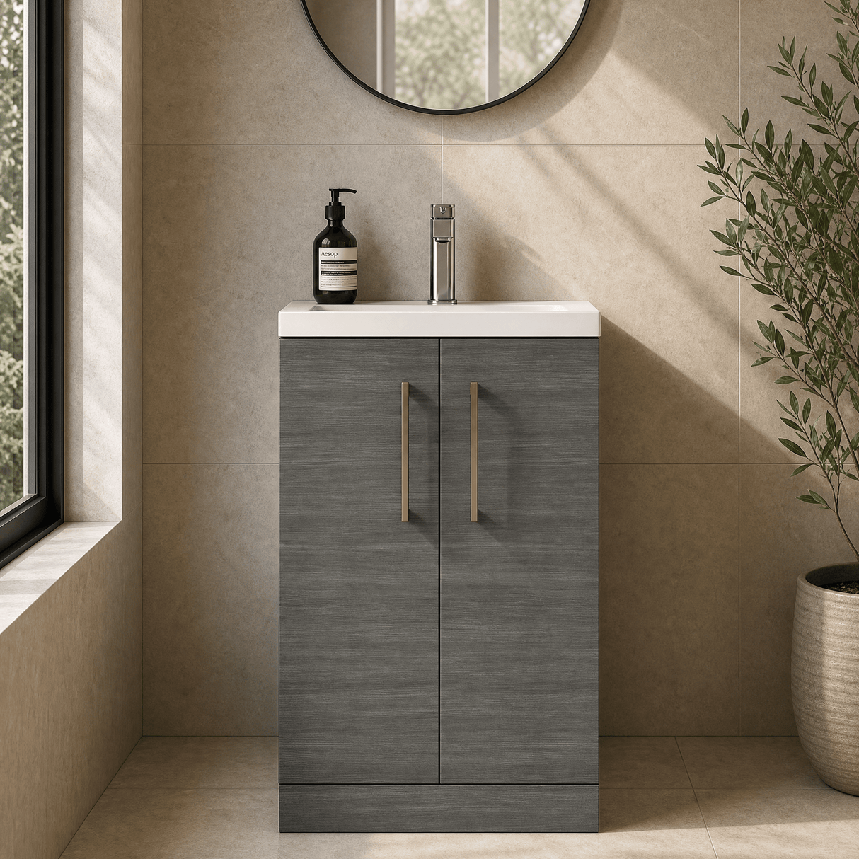 [BFLE004H1516] Bramshall Contemporary Compact Floor Standing Vanity Basin Unit with Polymarble Basin, 500mm, Choice of Colour and Handle Finish - Silo
