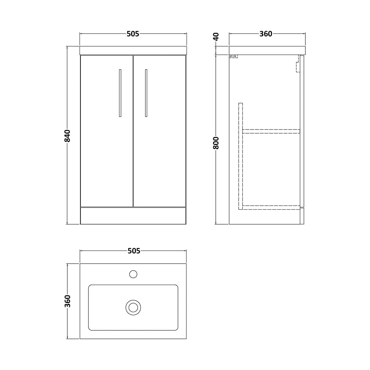 [BFLE004] Balterley Level Compact Bathroom Cloakroom Vanity Basin Unit with Polymarble Basin, Chrome Handles, 500mm, Woodgrain Grey - Technical Drawing