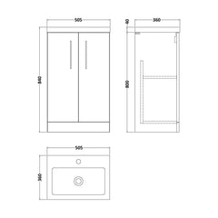 [BFLE004] Balterley Level Compact Bathroom Cloakroom Vanity Basin Unit with Polymarble Basin, Chrome Handles, 500mm, Woodgrain Grey - Technical Drawing