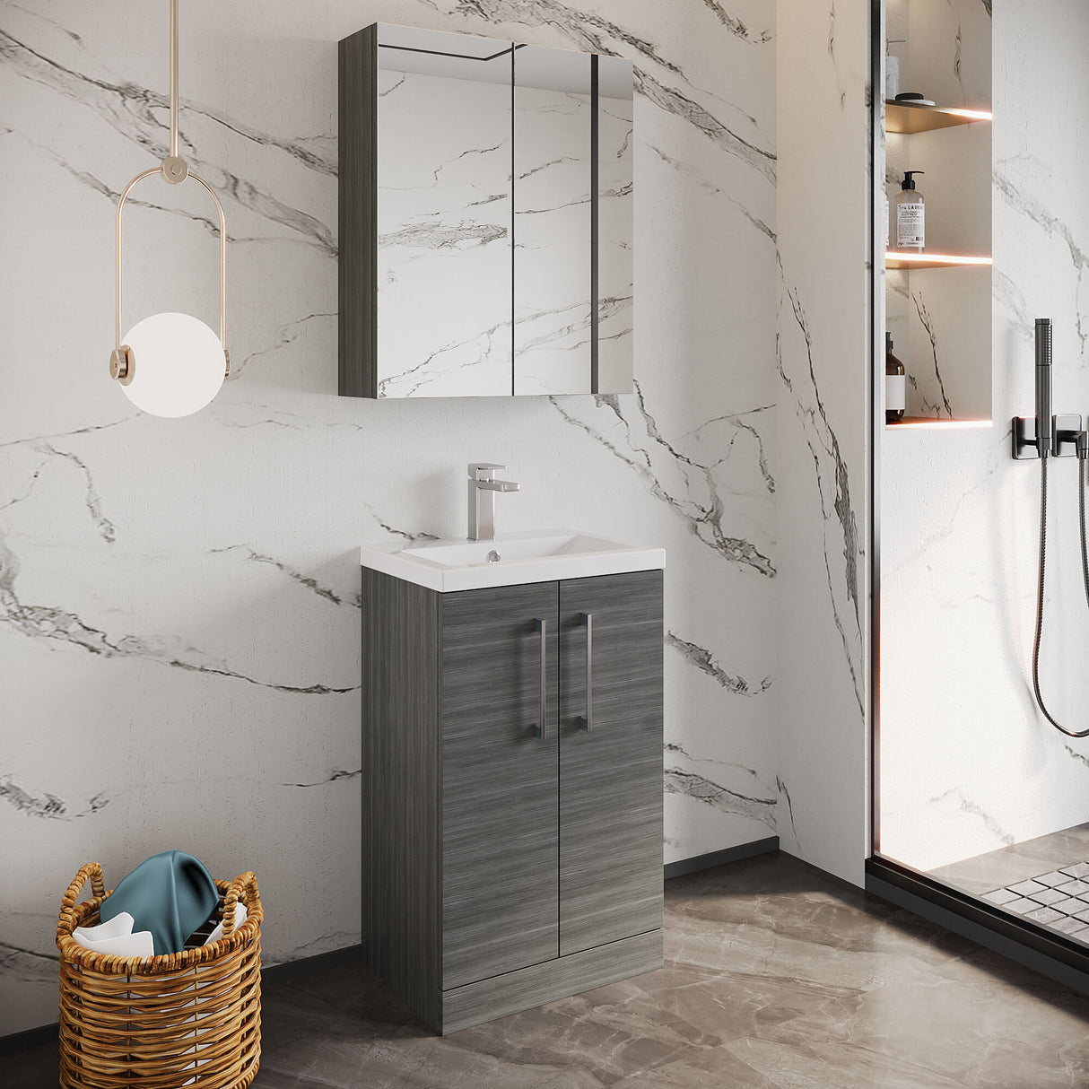 [BFLE004] Balterley Level Compact Bathroom Cloakroom Vanity Basin Unit with Polymarble Basin, Chrome Handles, 500mm, Woodgrain Grey - Lifestyle 2