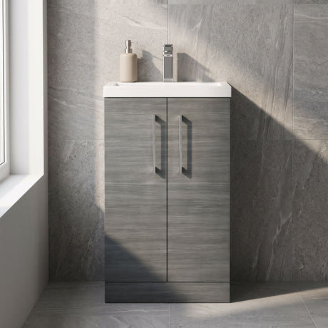 [BFLE004] Balterley Level Compact Bathroom Cloakroom Vanity Basin Unit with Polymarble Basin, Chrome Handles, 500mm, Woodgrain Grey - Silo
