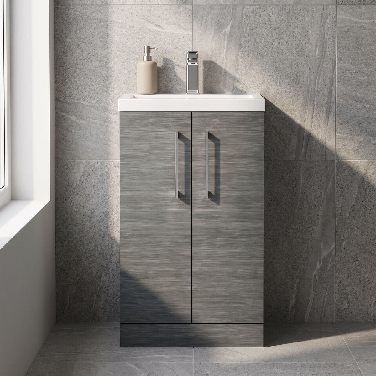 [BFLE004] Bramshall Contemporary Compact Floor Standing Vanity Basin Unit with Polymarble Basin, 500mm, Choice of Colour and Handle Finish - Studio Shot