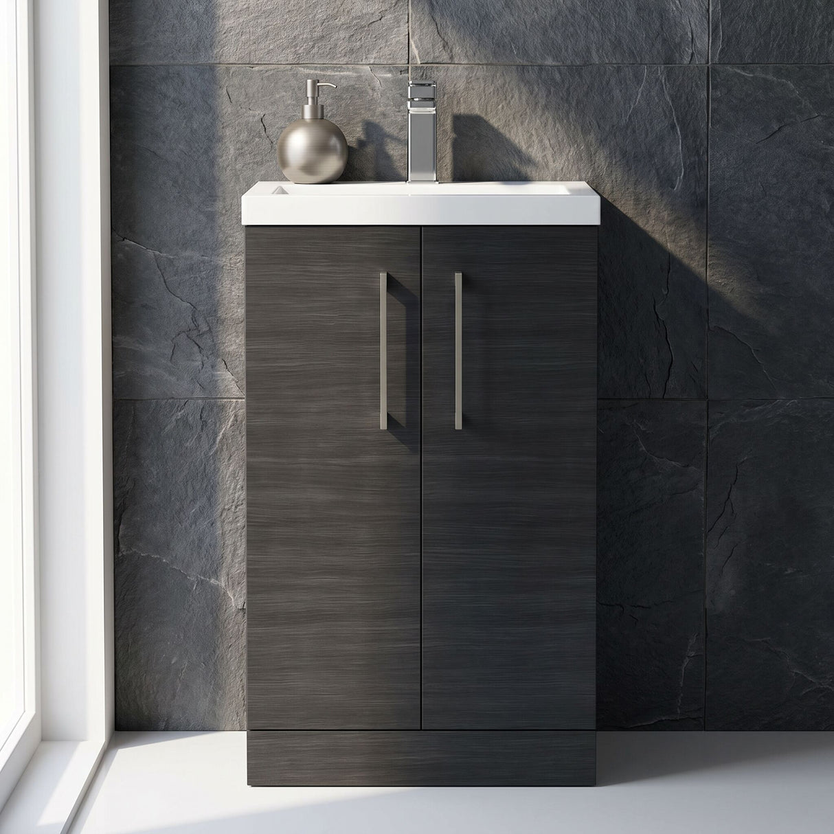 [BFLE005H716] Bramshall Contemporary Compact Floor Standing Vanity Basin Unit with Polymarble Basin, 500mm, Choice of Colour and Handle Finish - Silo