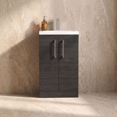 [BFLE005] Balterley Level Compact Bathroom Cloakroom Vanity Basin Unit with Polymarble Basin, Chrome Handles, 500mm, Woodgrain Black - Silo