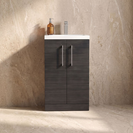 [BFLE005] Balterley Level Compact Bathroom Cloakroom Vanity Basin Unit with Polymarble Basin, Chrome Handles, 500mm, Woodgrain Black - Silo