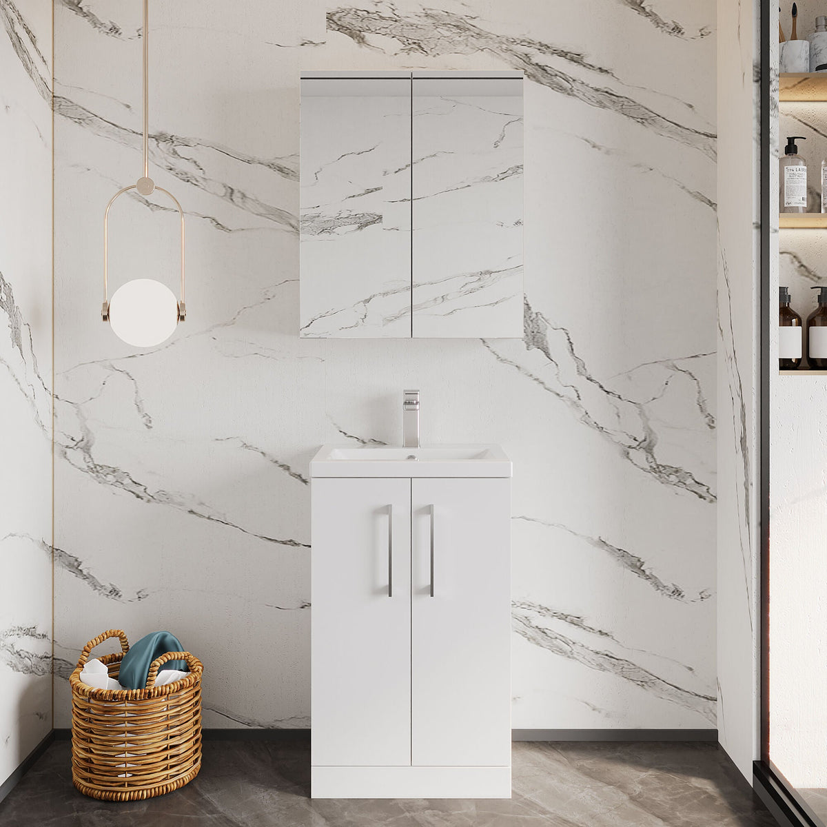 [BFLE006] Bramshall Contemporary Compact Floor Standing Vanity Basin Unit with Polymarble Basin, 500mm, Choice of Colour and Handle Finish - Lifestyle 1