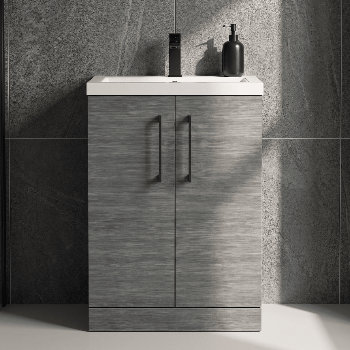 [BFLE025H018] Bramshall Contemporary Compact Floor Standing Vanity Basin Unit with Polymarble Basin, 600mm, Choice of Colour and Handle Finish - Silo