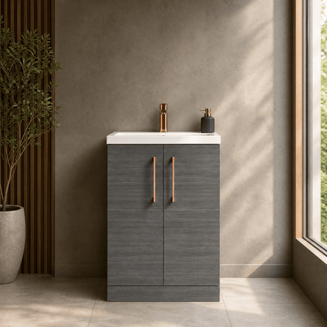 [BFLE025H019] Bramshall Contemporary Compact Floor Standing Vanity Basin Unit with Polymarble Basin, 600mm, Choice of Colour and Handle Finish - Silo