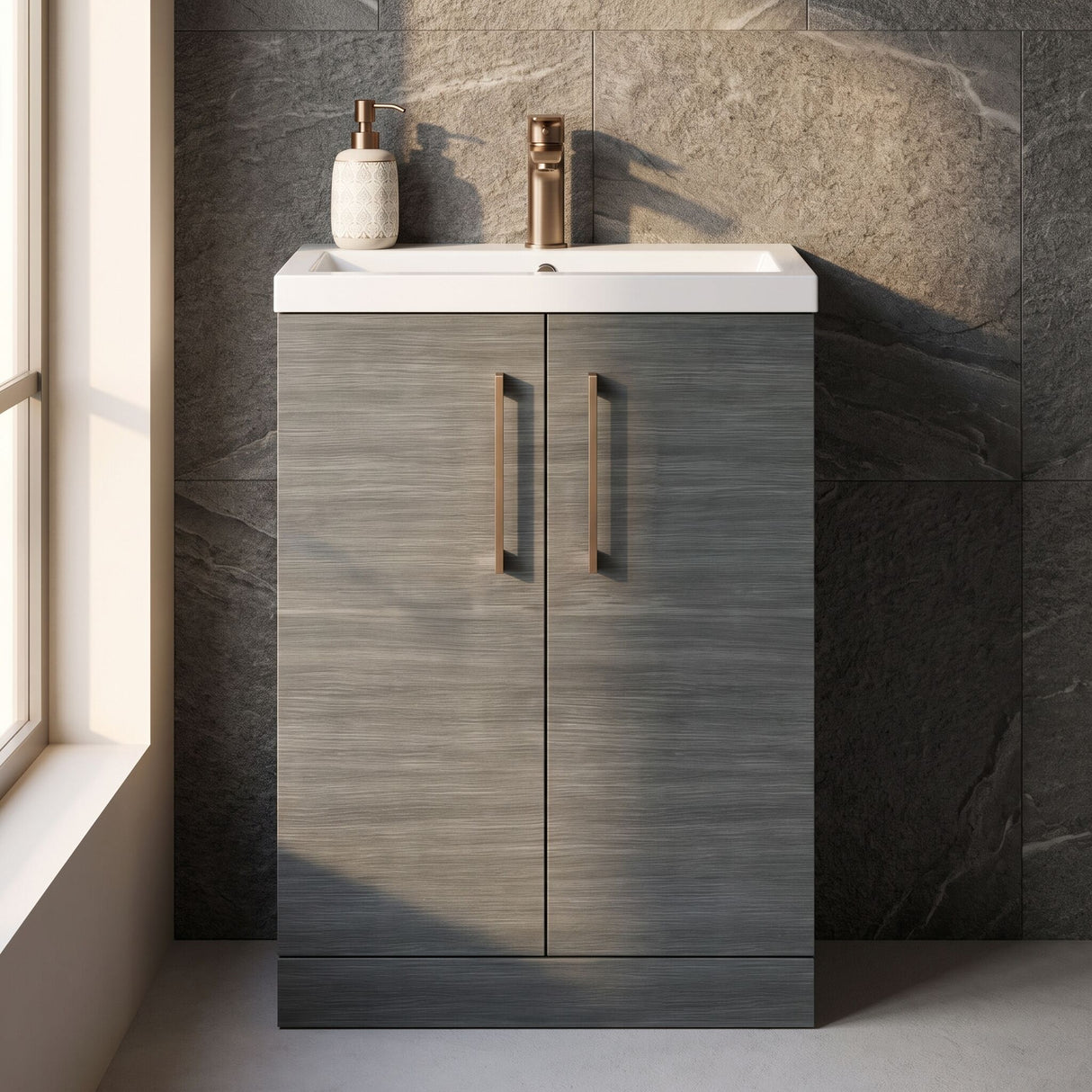 [BFLE025H1516] Bramshall Contemporary Compact Floor Standing Vanity Basin Unit with Polymarble Basin, 600mm, Choice of Colour and Handle Finish - Silo