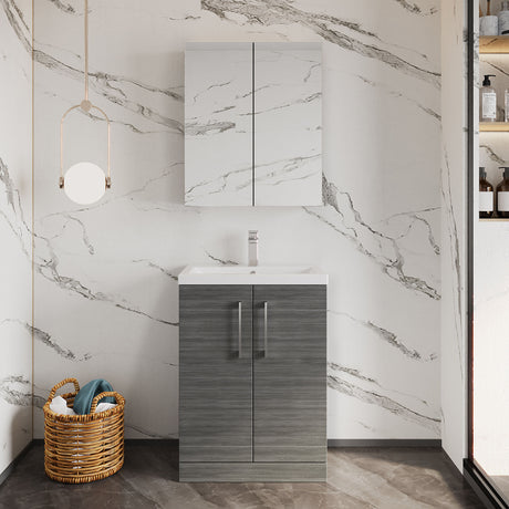 [BFLE025] Balterley Level Compact Bathroom Cloakroom Vanity Basin Unit with Polymarble Basin, Chrome Handles, 600mm, Woodgrain Grey - Lifestyle 1