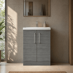 [BFLE025] Balterley Level Compact Bathroom Cloakroom Vanity Basin Unit with Polymarble Basin, Chrome Handles, 600mm, Woodgrain Grey - Silo