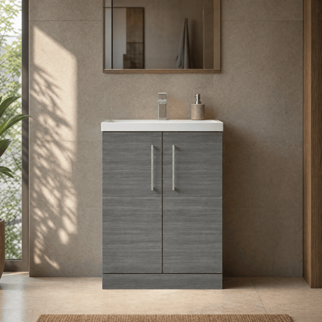 [BFLE025] Balterley Level Compact Bathroom Cloakroom Vanity Basin Unit with Polymarble Basin, Chrome Handles, 600mm, Woodgrain Grey - Silo
