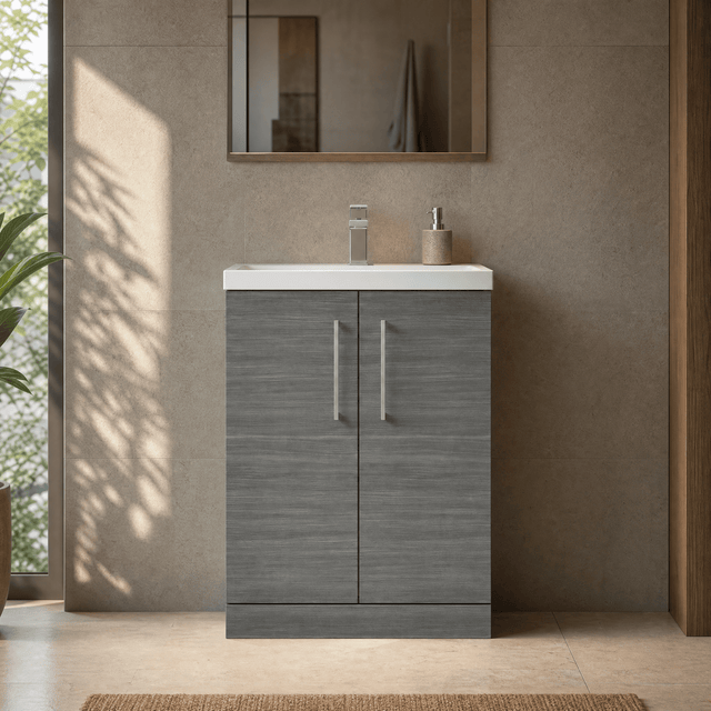 [BFLE025] Balterley Level Compact Bathroom Cloakroom Vanity Basin Unit with Polymarble Basin, Chrome Handles, 600mm, Woodgrain Grey - Silo