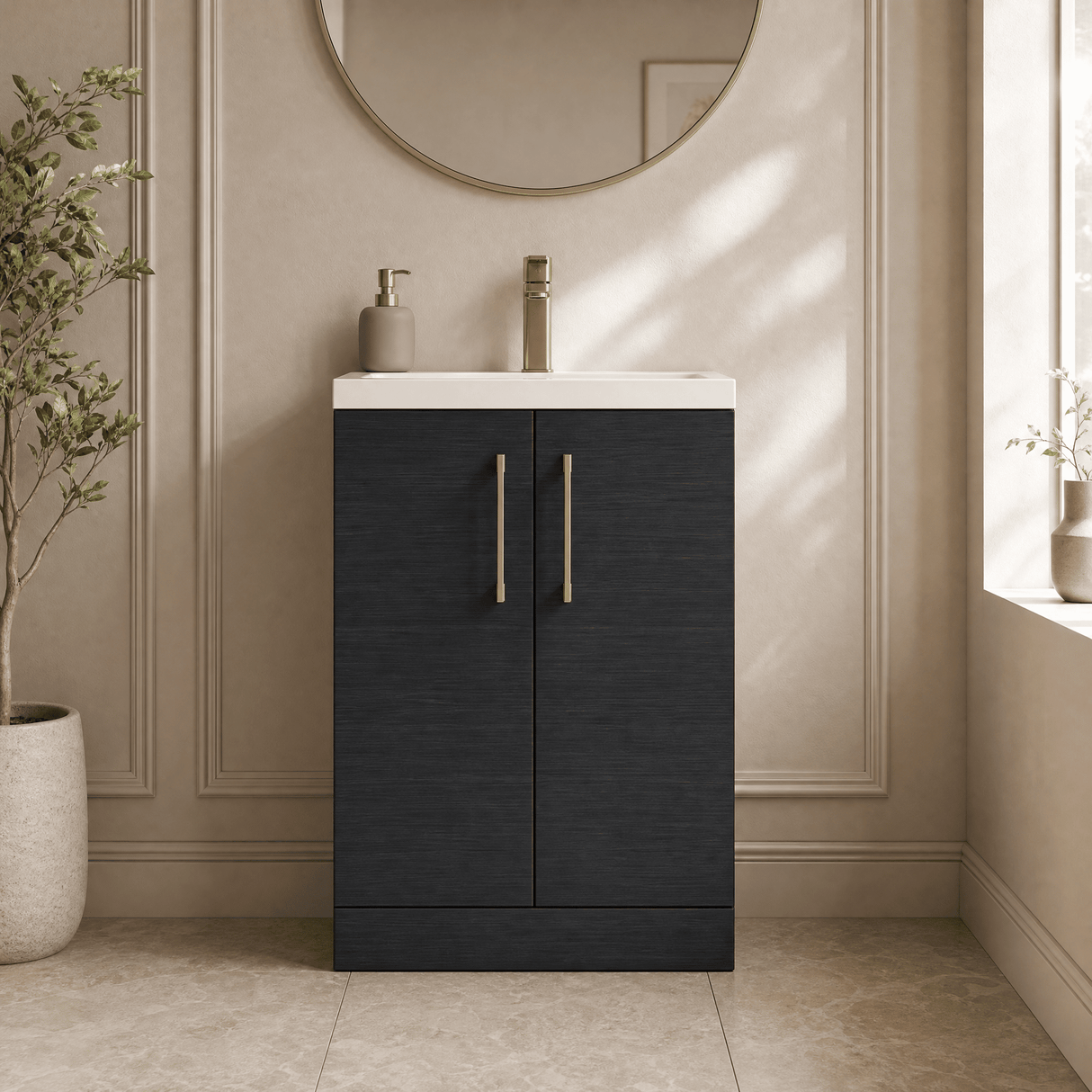 [BFLE026H017] Bramshall Contemporary Compact Floor Standing Vanity Basin Unit with Polymarble Basin, 600mm, Choice of Colour and Handle Finish - Silo