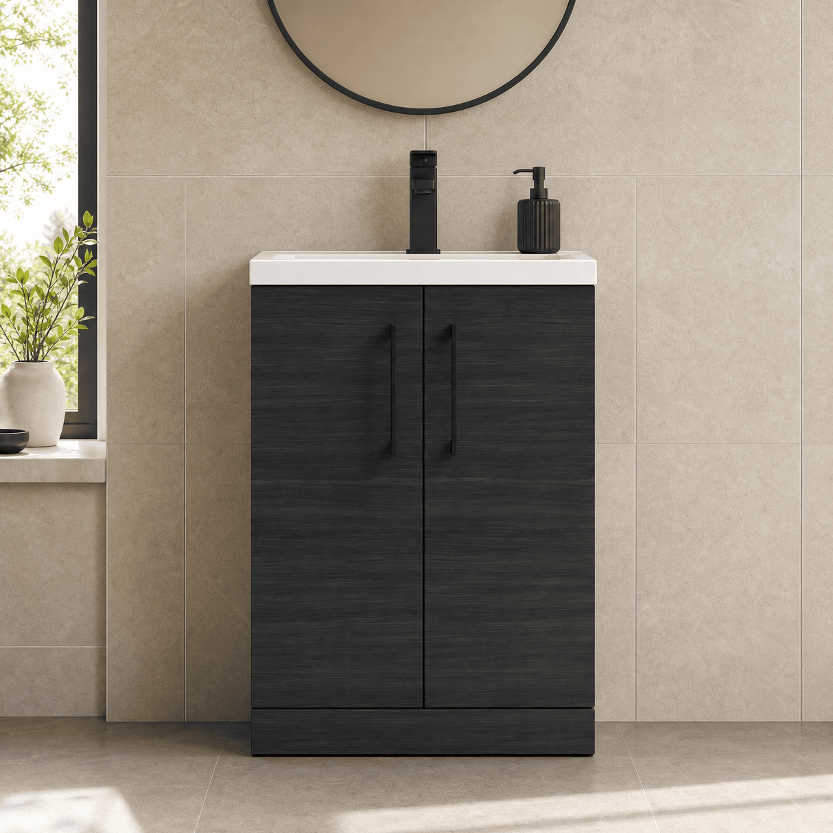 [BFLE026H018] Bramshall Contemporary Compact Floor Standing Vanity Basin Unit with Polymarble Basin, 600mm, Choice of Colour and Handle Finish - Silo