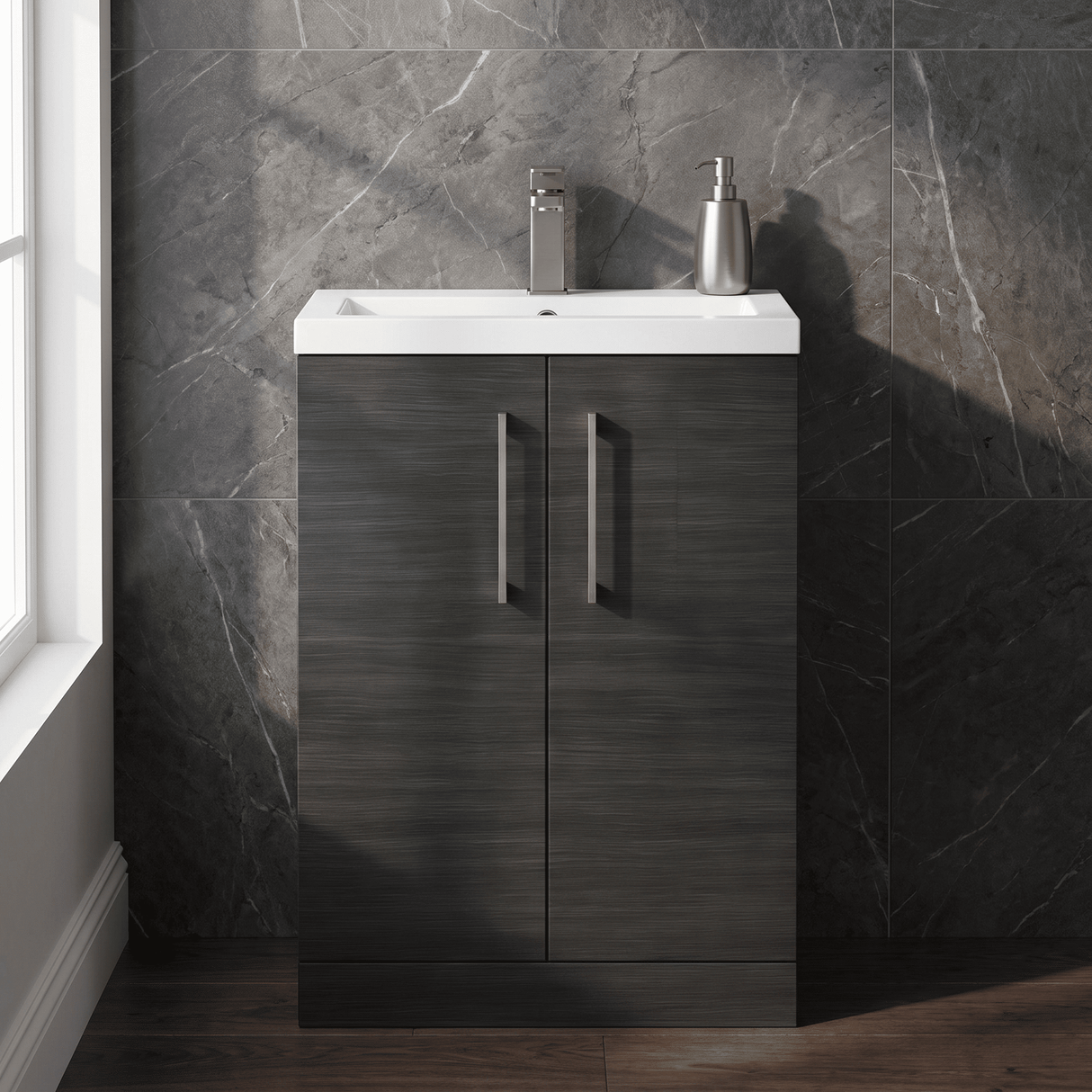 [BFLE026H716] Bramshall Contemporary Compact Floor Standing Vanity Basin Unit with Polymarble Basin, 600mm, Choice of Colour and Handle Finish - Silo