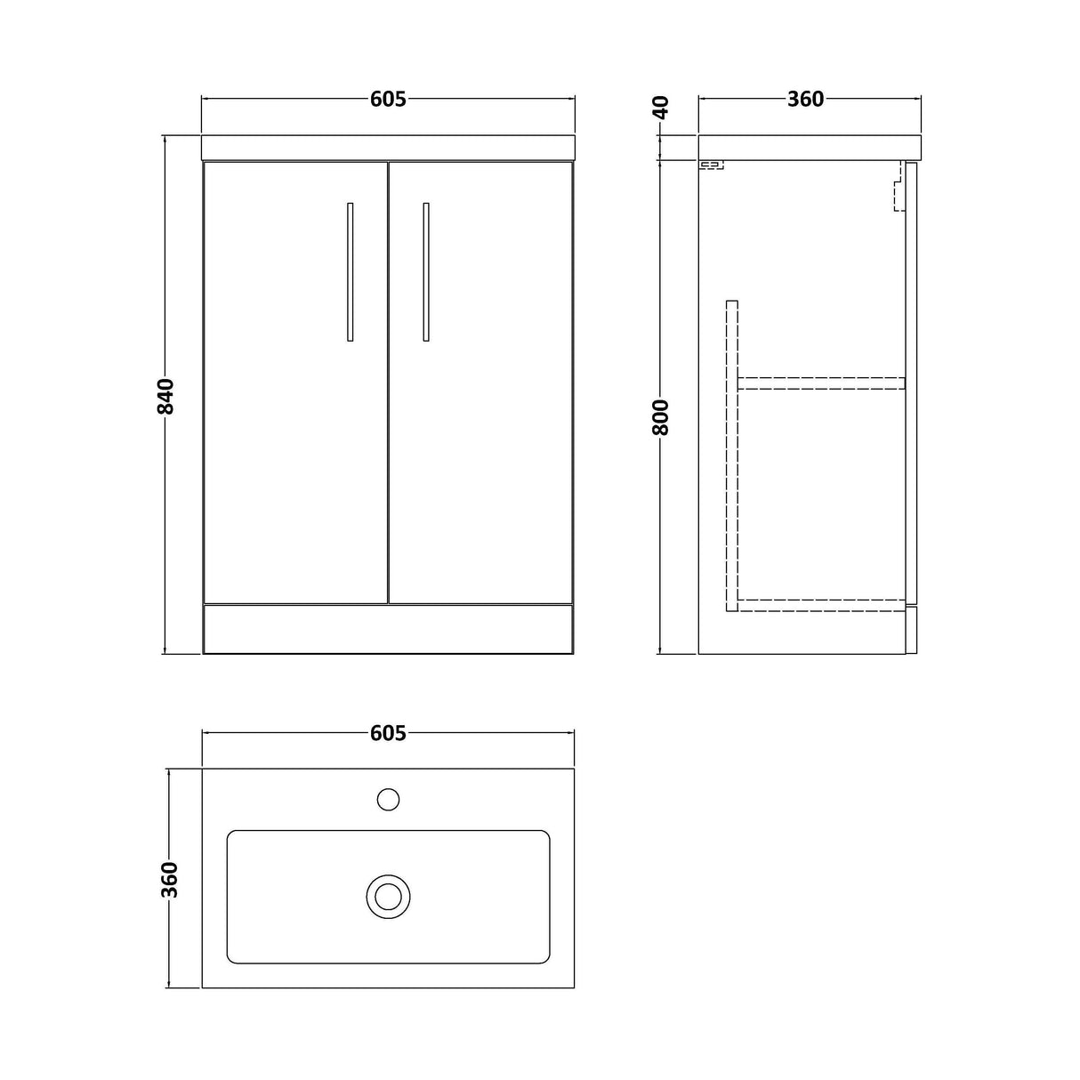 [BFLE026] Balterley Level Compact Bathroom Cloakroom Vanity Basin Unit with Polymarble Basin, Chrome Handles, 600mm, Woodgrain Black - Technical Drawing
