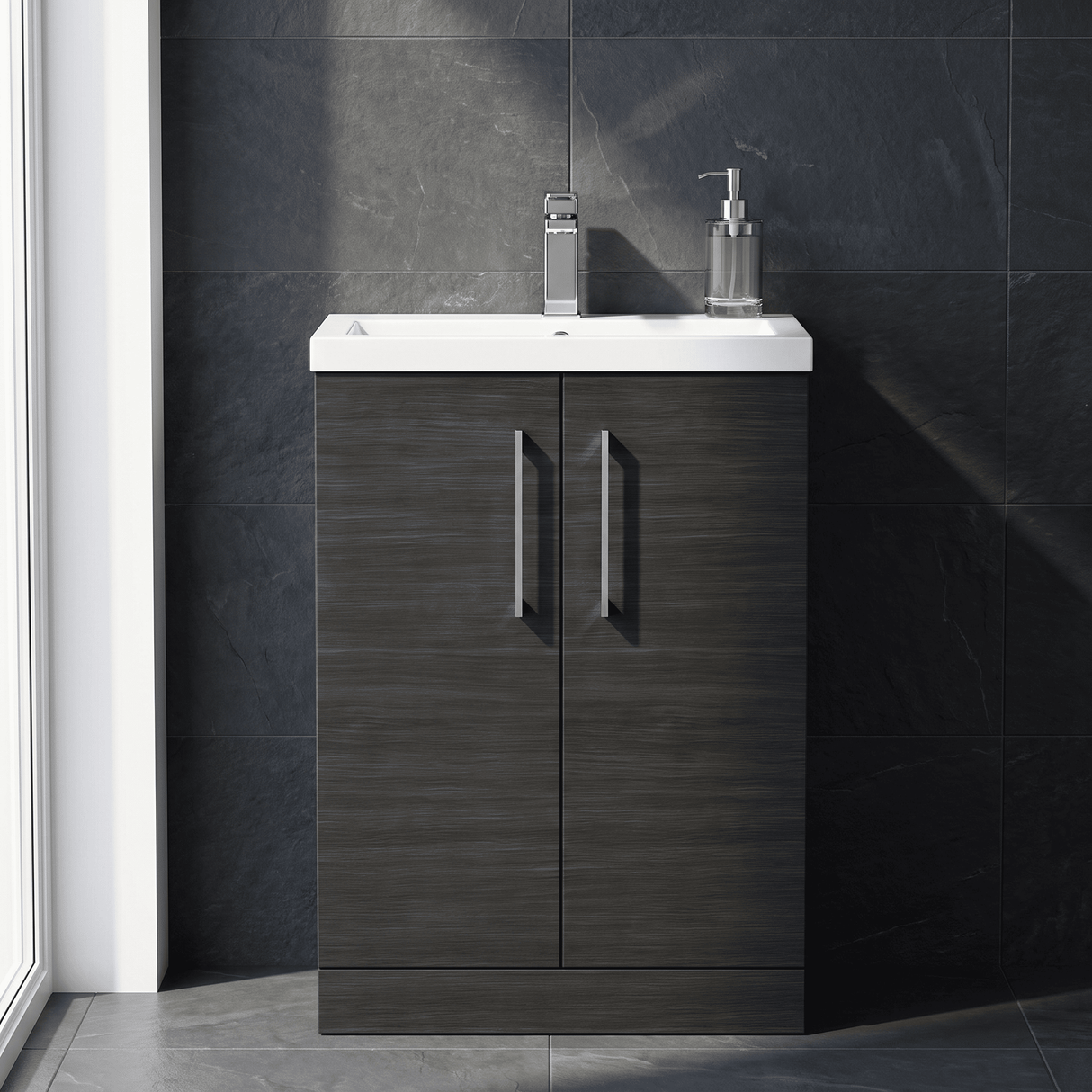 [BFLE026] Balterley Level Compact Bathroom Cloakroom Vanity Basin Unit with Polymarble Basin, Chrome Handles, 600mm, Woodgrain Black - Silo