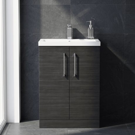 [BFLE026] Balterley Level Compact Bathroom Cloakroom Vanity Basin Unit with Polymarble Basin, Chrome Handles, 600mm, Woodgrain Black - Silo