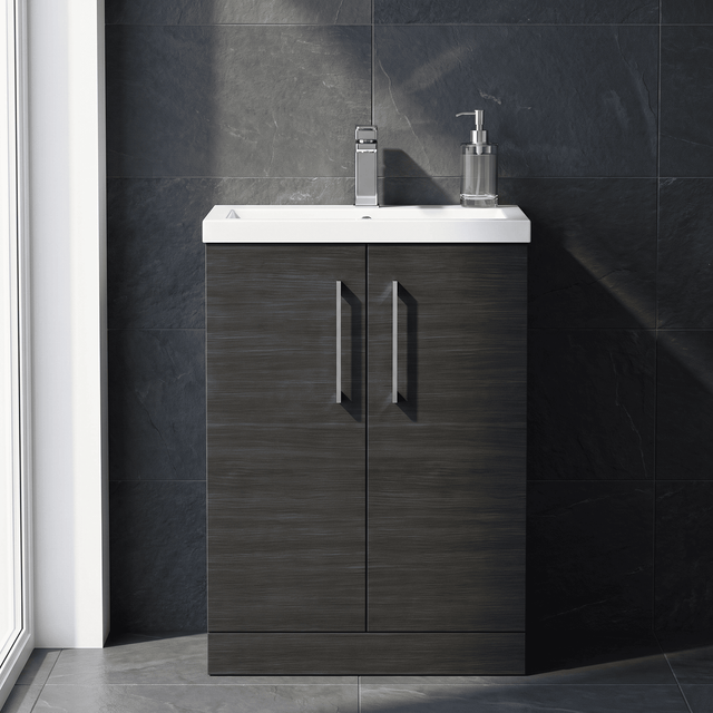 [BFLE026] Balterley Level Compact Bathroom Cloakroom Vanity Basin Unit with Polymarble Basin, Chrome Handles, 600mm, Woodgrain Black - Silo