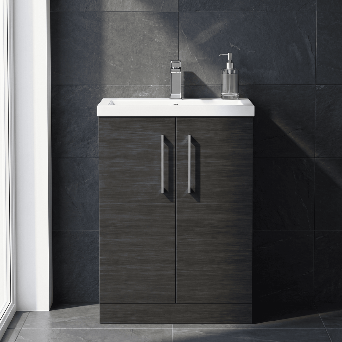 [BFLE026] Bramshall Contemporary Compact Floor Standing Vanity Basin Unit with Polymarble Basin, 600mm, Choice of Colour and Handle Finish - Studio Shot