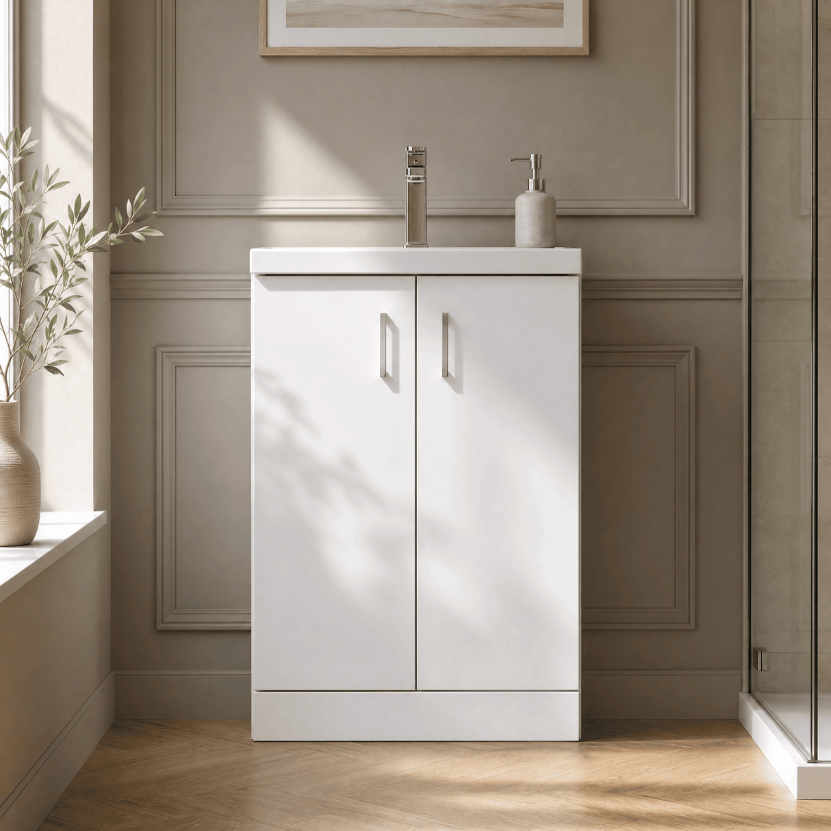 [BFLE027E] Balterley Level Compact Bathroom Cloakroom Vanity Basin Unit with Ceramic Basin, Chrome Handles, 600mm, Gloss White - Silo