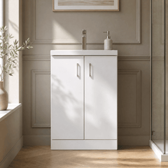 [BFLE027E] Balterley Level Compact Bathroom Cloakroom Vanity Basin Unit with Ceramic Basin, Chrome Handles, 600mm, Gloss White - Silo