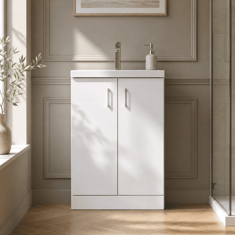 [BFLE027E] Balterley Level Compact Bathroom Cloakroom Vanity Basin Unit with Ceramic Basin, Chrome Handles, 600mm, Gloss White - Silo