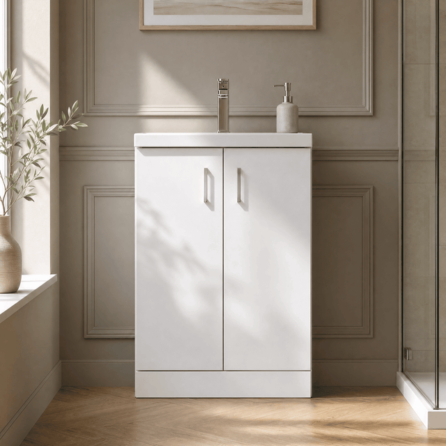 [BFLE027E] Balterley Level Compact Bathroom Cloakroom Vanity Basin Unit with Ceramic Basin, Chrome Handles, 600mm, Gloss White - Silo