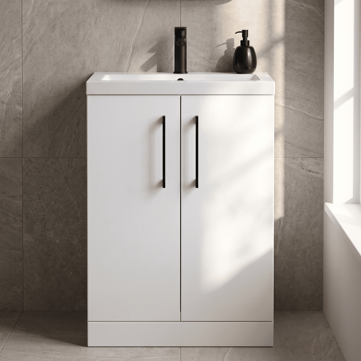 [BFLE027H018] Bramshall Contemporary Compact Floor Standing Vanity Basin Unit with Polymarble Basin, 600mm, Choice of Colour and Handle Finish - Silo