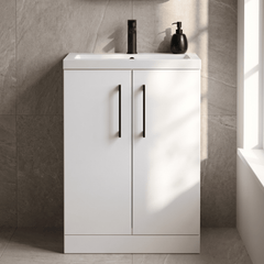 [BFLE027H018] Bramshall Contemporary Compact Floor Standing Vanity Basin Unit with Polymarble Basin, 600mm, Choice of Colour and Handle Finish - Silo