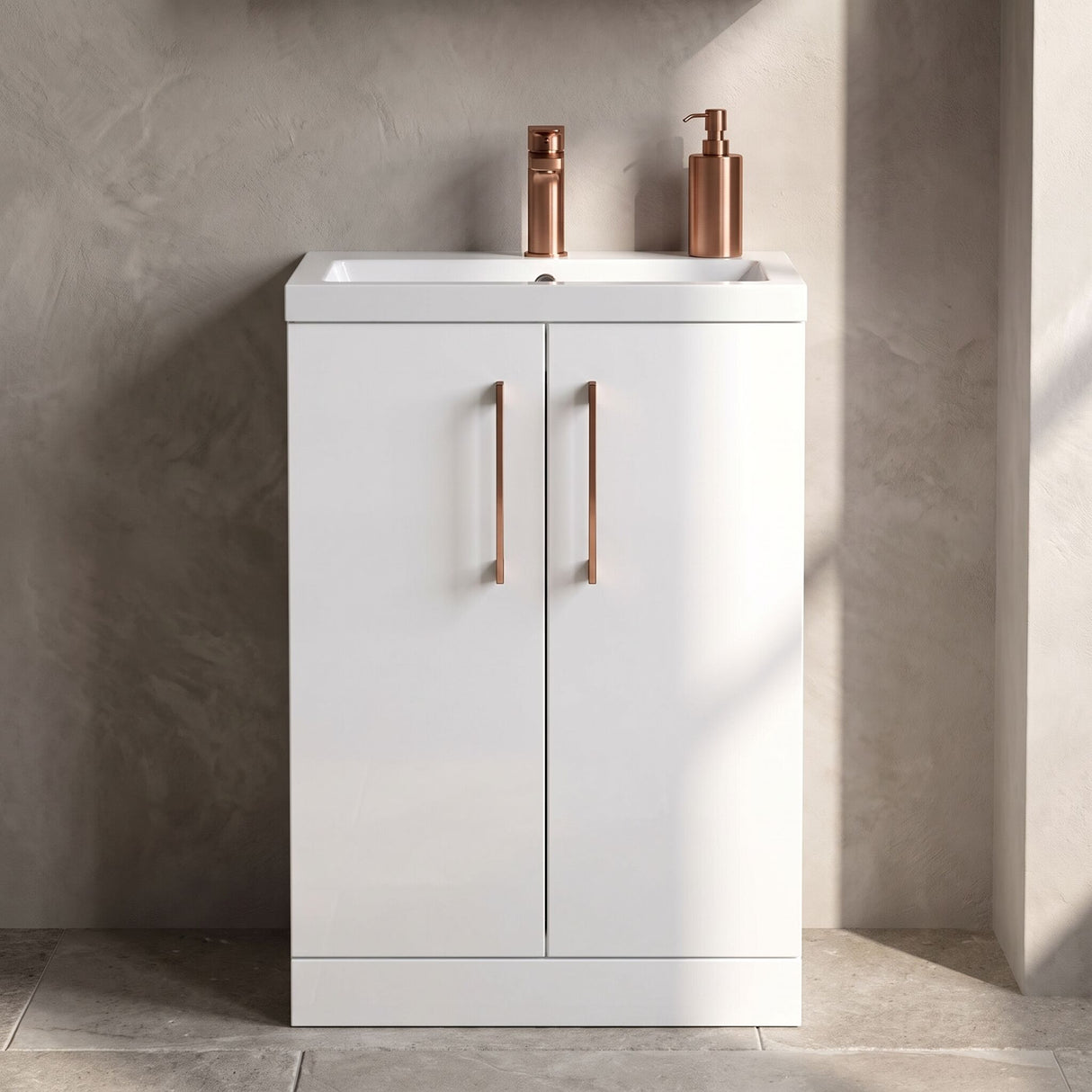 [BFLE027H019] Bramshall Contemporary Compact Floor Standing Vanity Basin Unit with Polymarble Basin, 600mm, Choice of Colour and Handle Finish - Silo