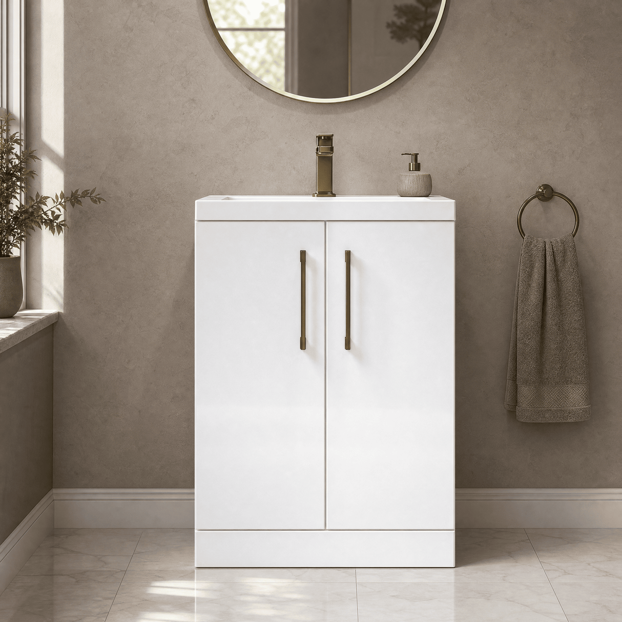 [BFLE027H1516] Bramshall Contemporary Compact Floor Standing Vanity Basin Unit with Polymarble Basin, 600mm, Choice of Colour and Handle Finish - Silo