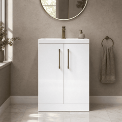 [BFLE027H1516] Bramshall Contemporary Compact Floor Standing Vanity Basin Unit with Polymarble Basin, 600mm, Choice of Colour and Handle Finish - Silo