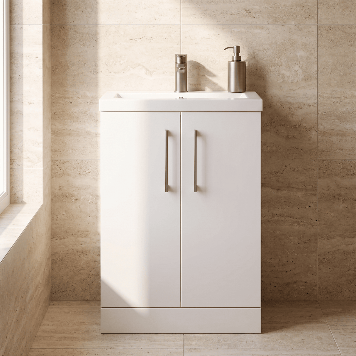 [BFLE027H716] Bramshall Contemporary Compact Floor Standing Vanity Basin Unit with Polymarble Basin, 600mm, Choice of Colour and Handle Finish - Silo