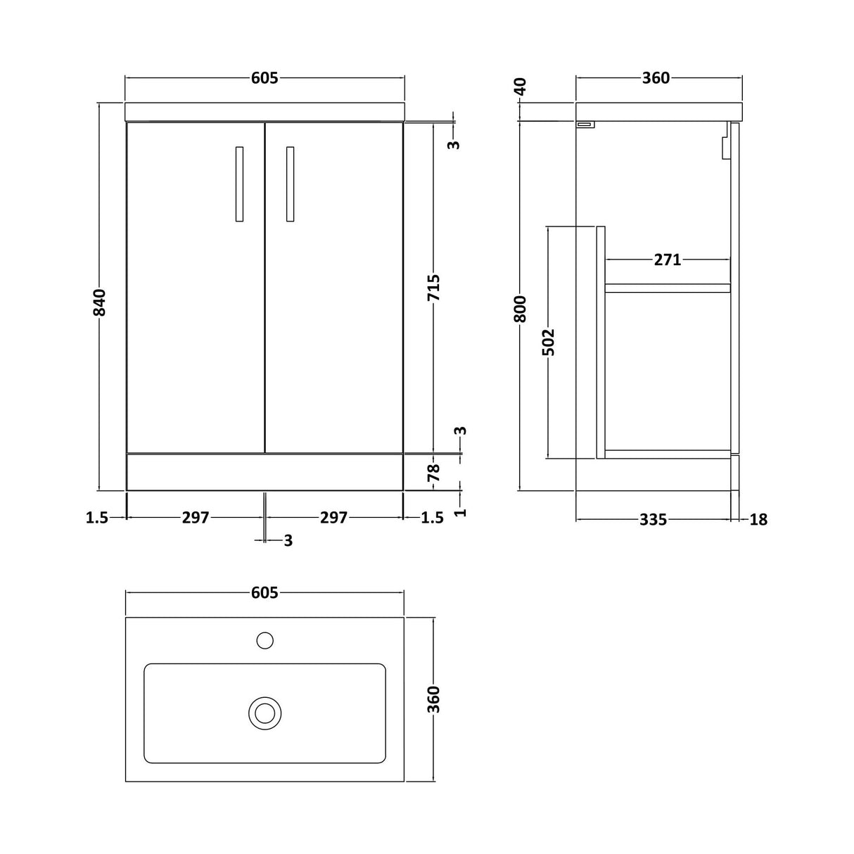 [BFLE027] Balterley Level Compact Bathroom Cloakroom Vanity Basin Unit with Polymarble Basin, Chrome Handles, 600mm, Gloss White - Technical Drawing