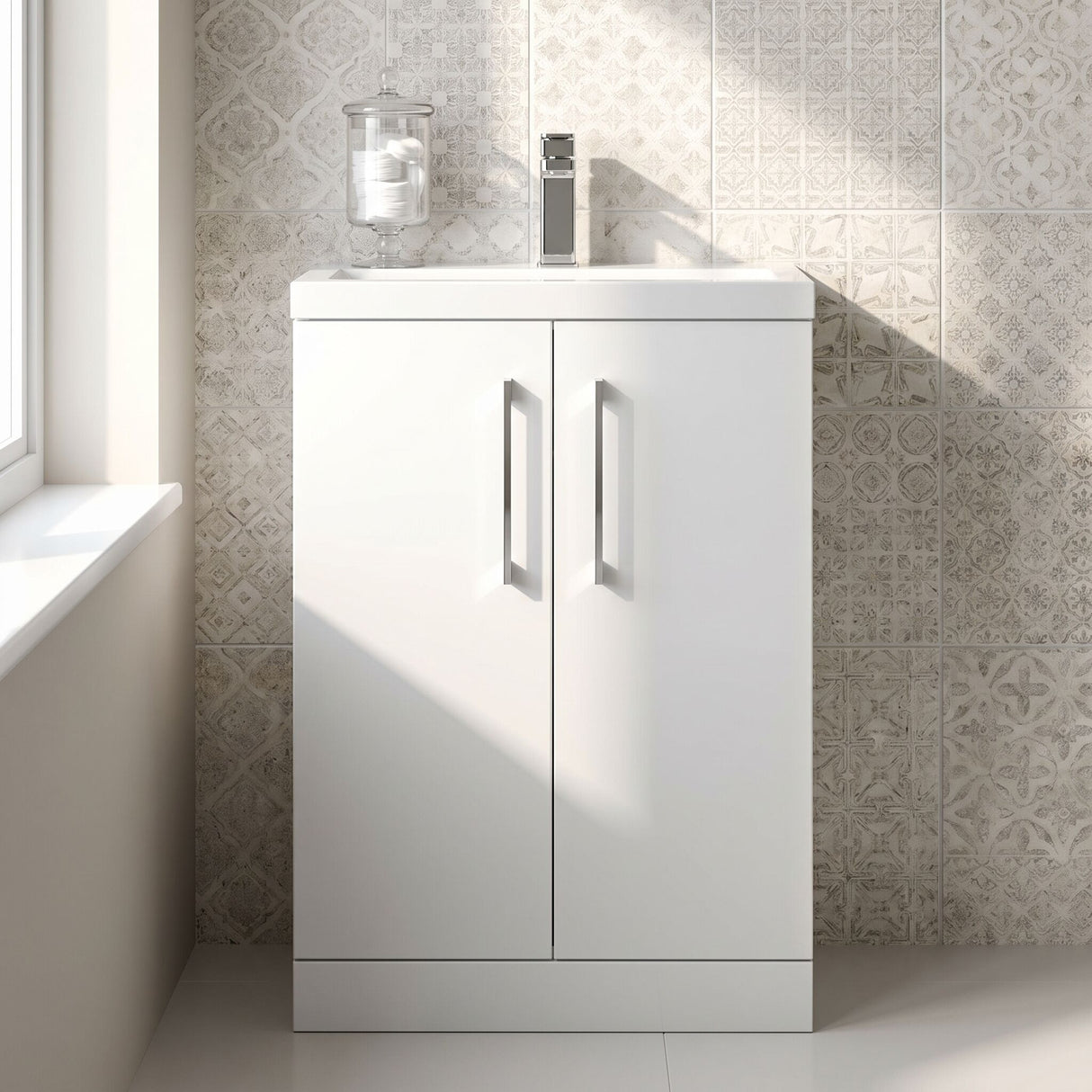 [BFLE027] Balterley Level Compact Bathroom Cloakroom Vanity Basin Unit with Polymarble Basin, Chrome Handles, 600mm, Gloss White - Silo