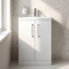 [BFLE027] Balterley Level Compact Bathroom Cloakroom Vanity Basin Unit with Polymarble Basin, Chrome Handles, 600mm, Gloss White - Silo