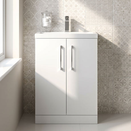 [BFLE027] Balterley Level Compact Bathroom Cloakroom Vanity Basin Unit with Polymarble Basin, Chrome Handles, 600mm, Gloss White - Silo