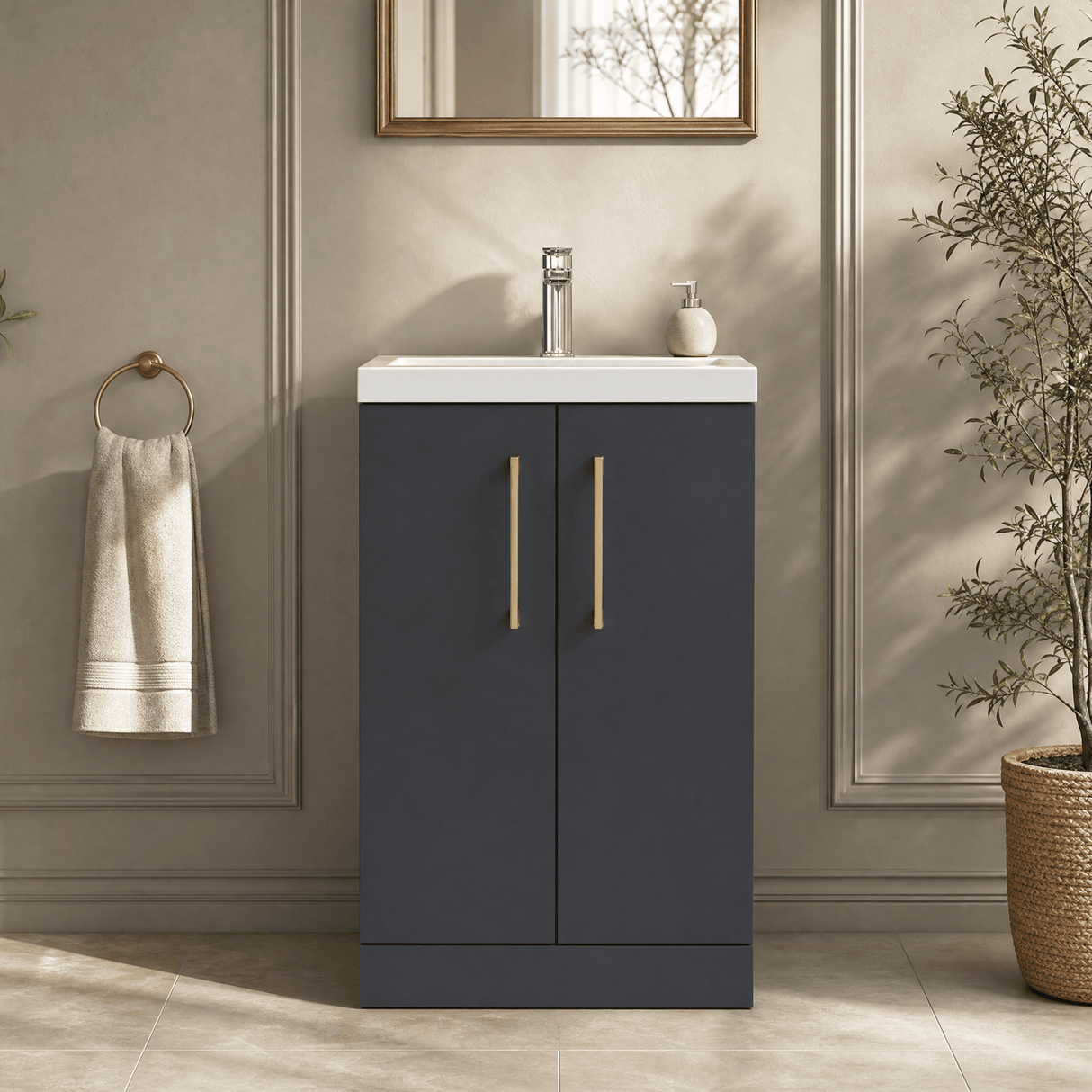 [BFLE028H017] Bramshall Contemporary Compact Floor Standing Vanity Basin Unit with Polymarble Basin, 500mm, Choice of Colour and Handle Finish - Silo