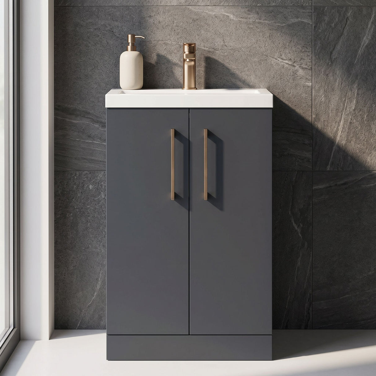 [BFLE028H1516] Bramshall Contemporary Compact Floor Standing Vanity Basin Unit with Polymarble Basin, 500mm, Choice of Colour and Handle Finish - Silo