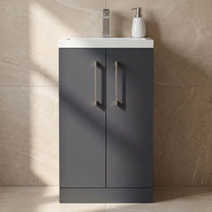 [BFLE028H716] Bramshall Contemporary Compact Floor Standing Vanity Basin Unit with Polymarble Basin, 500mm, Choice of Colour and Handle Finish - Silo