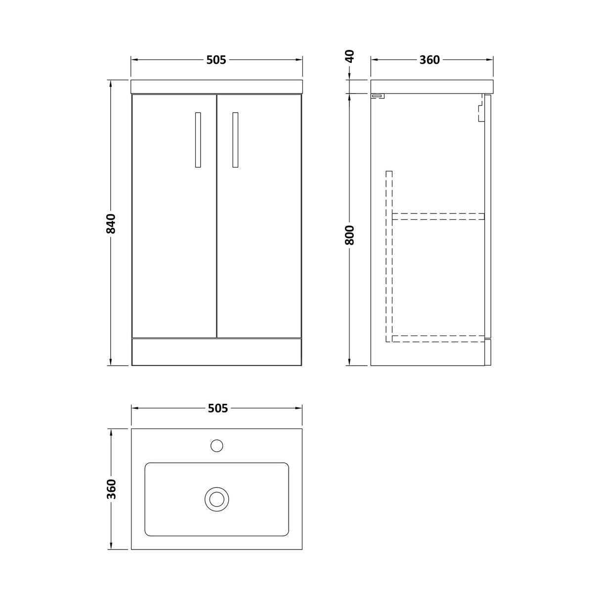 [BFLE028] Balterley Level Compact Bathroom Cloakroom Vanity Basin Unit with Polymarble Basin, Chrome Handles, 500mm, Satin Dark Grey - Technical Drawing