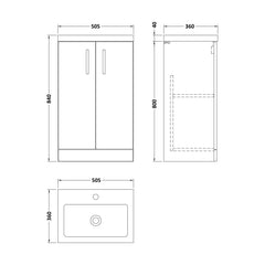 [BFLE028] Balterley Level Compact Bathroom Cloakroom Vanity Basin Unit with Polymarble Basin, Chrome Handles, 500mm, Satin Dark Grey - Technical Drawing